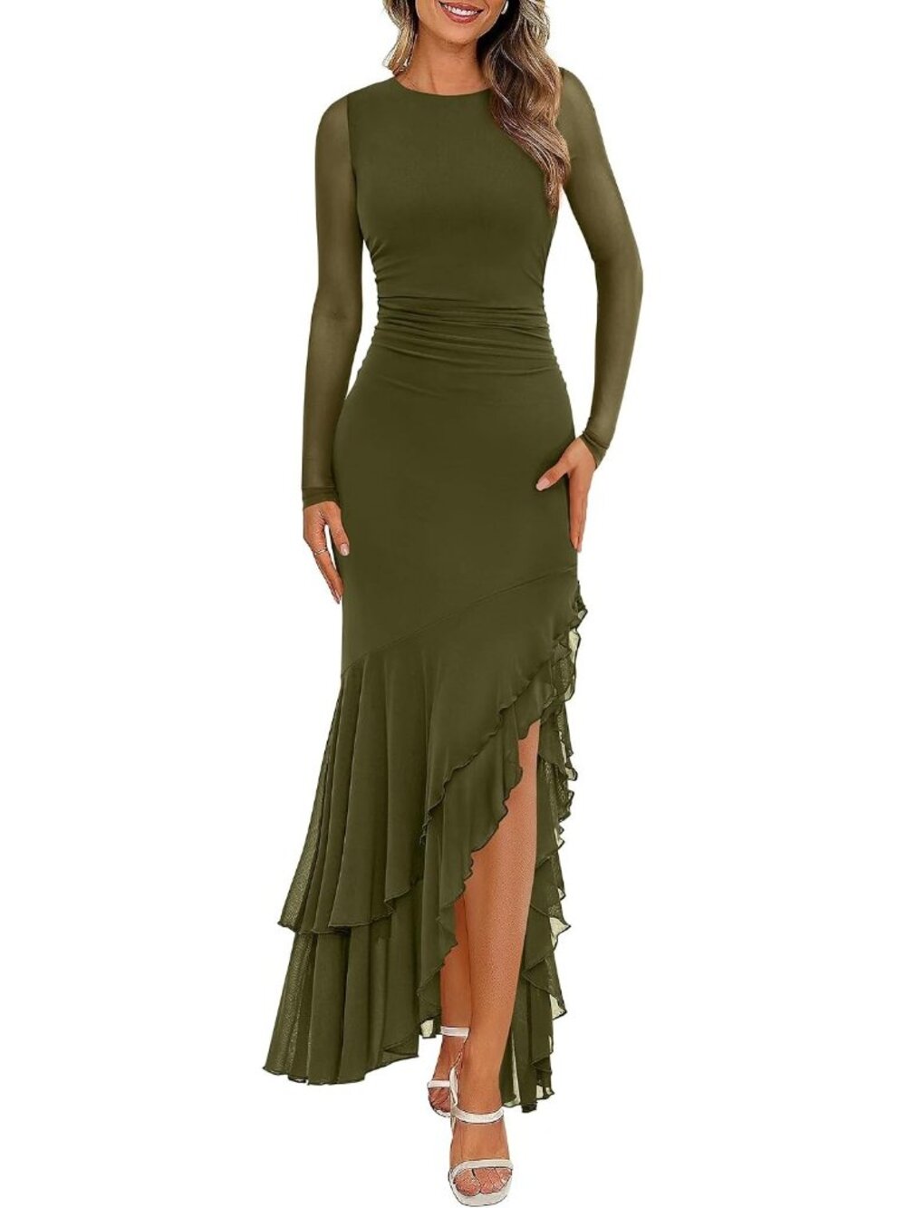👗 Women's Army Green Maxi Dress Ruffle Bodycon Long Sleeves Wedding Guest Dress